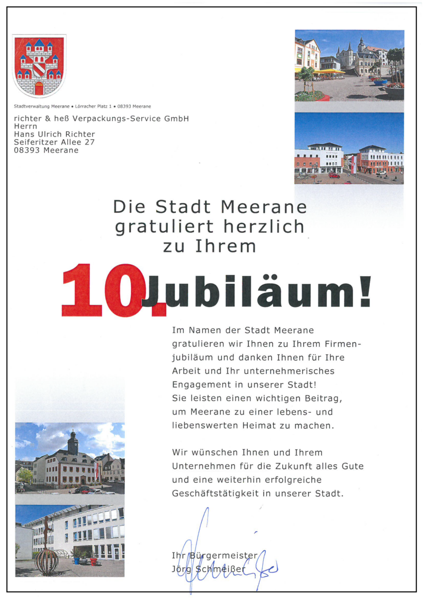 unternehmensstandort meerane richter & heß verpackungen 10 Jahre jubiläum